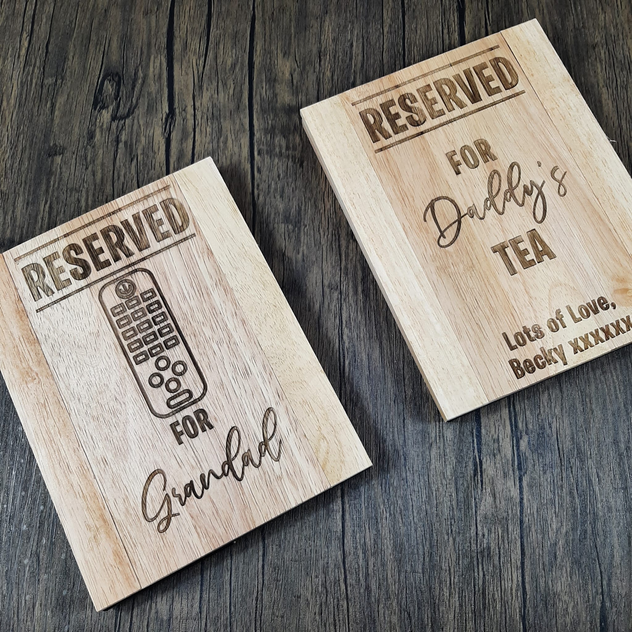 Wooden sofa arm tray with laser engraved personalisation featuring reserved for beer or tea, great gift for him or gift for her with special remote control design