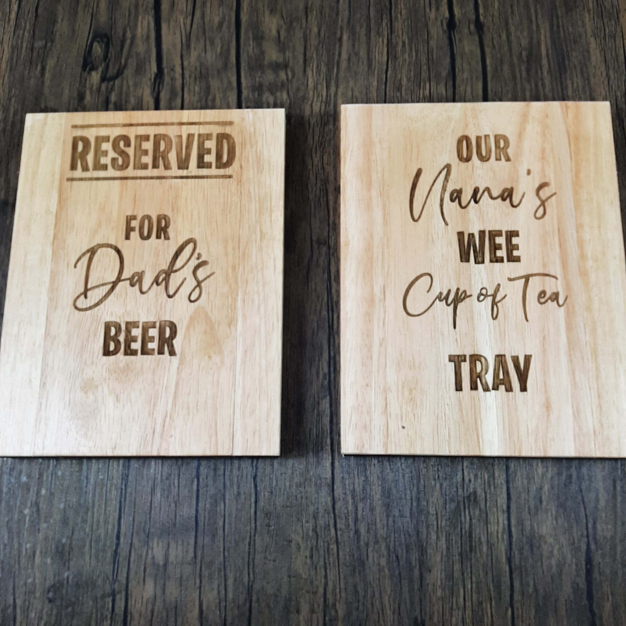 Wooden sofa arm tray with laser engraved personalisation featuring reserved for beer or tea, great gift for him or gift for her