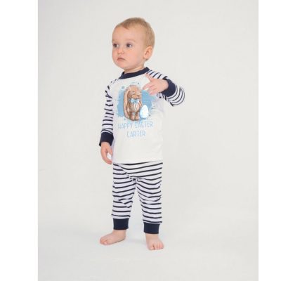 Baby Easter Bunny Pjs in blue with full permanent ink print with watercolour rabbit and bunny, personalised with name, first easter