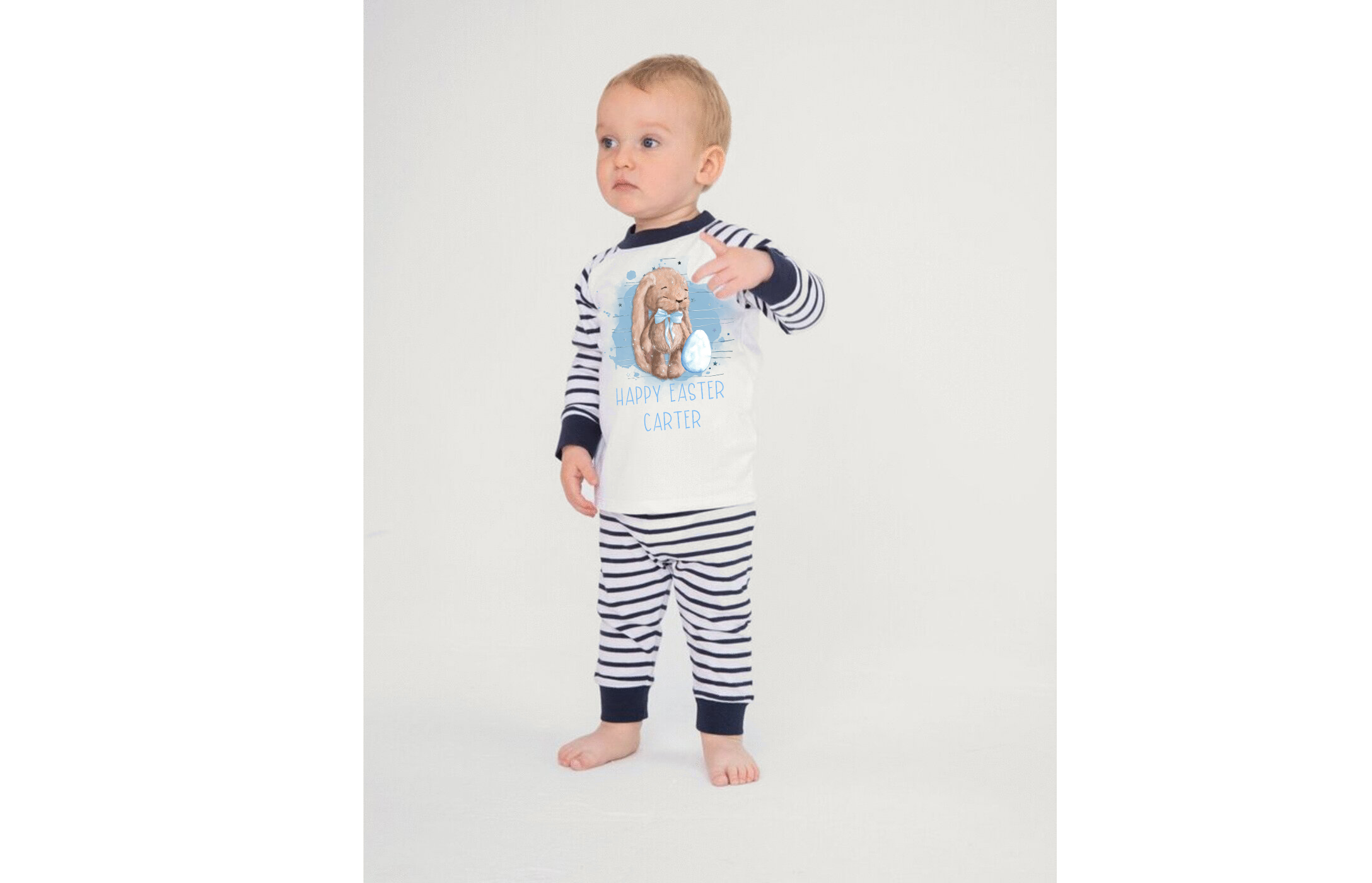 Baby Easter Bunny Pjs in blue with full permanent ink print with watercolour rabbit and bunny, personalised with name, first easter