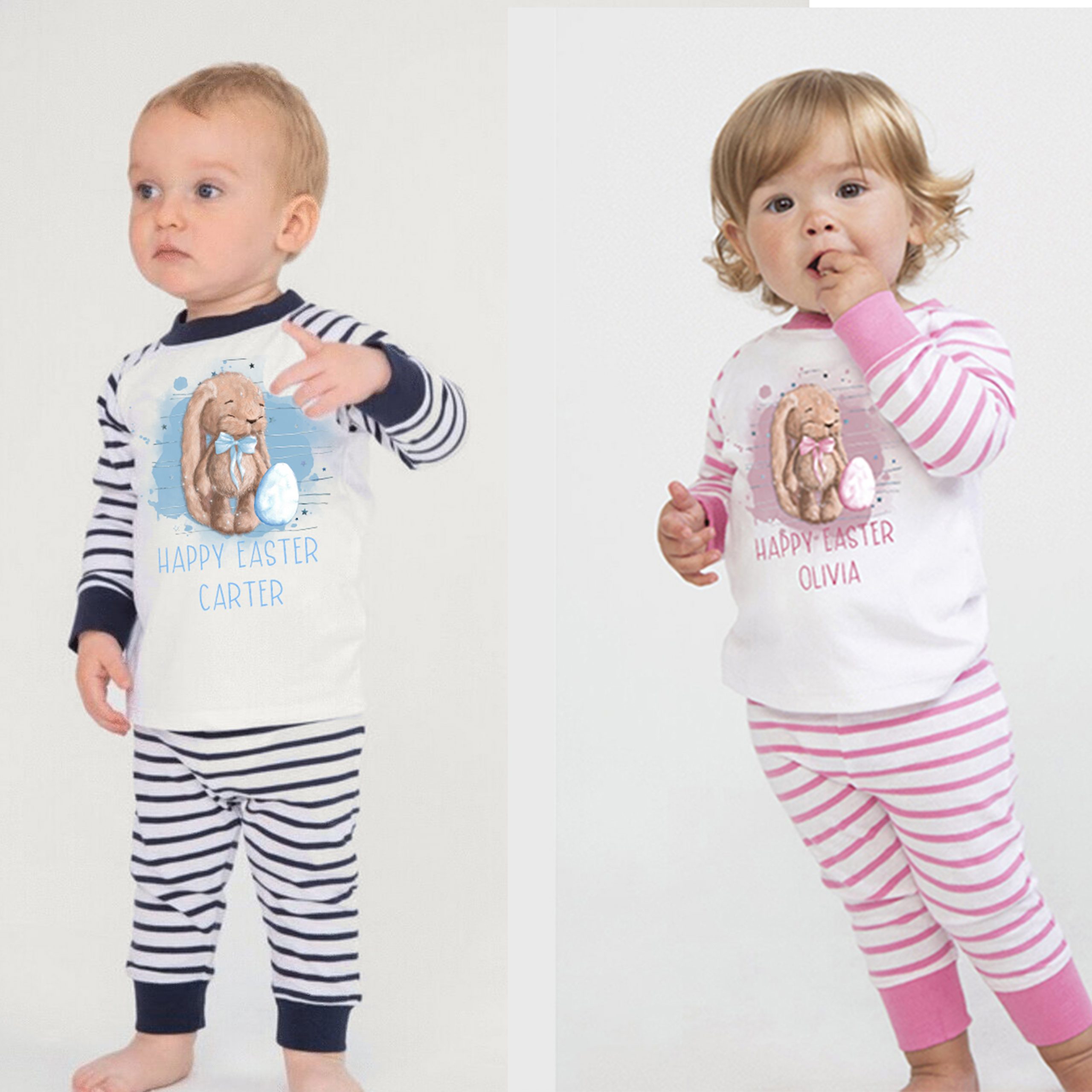 Baby Easter Bunny Pjs in pink or blue with full permanent ink print with watercolour rabbit and bunny, personalised with name, first easter