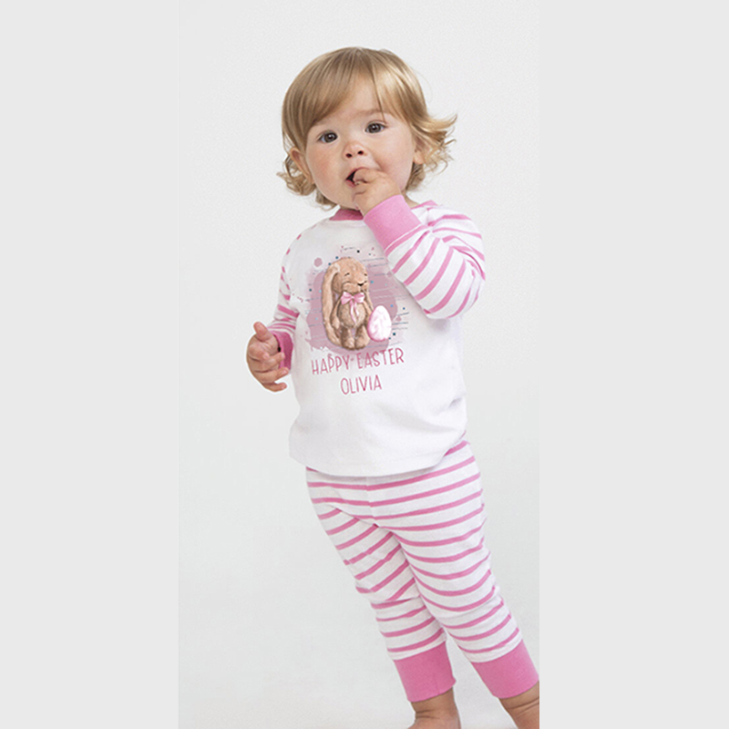 Baby Easter Bunny Pjs in pink with full permanent ink print with watercolour rabbit and bunny, personalised with name, first easter