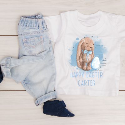 Easter bunny t shirts for childrens peter rabbit printed and personalised - blue
