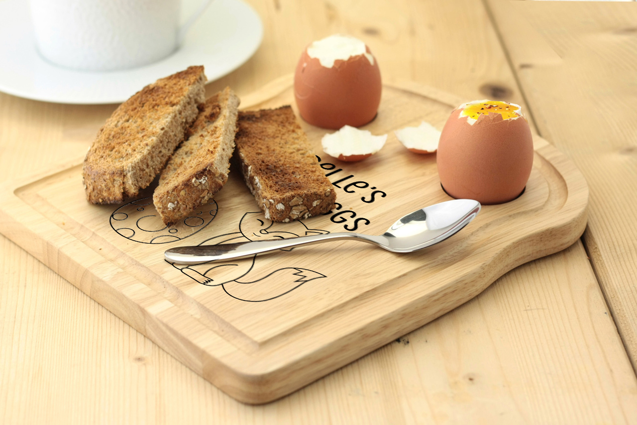 Wooden Loaf Egg Board with fox personalised and eggs and toast