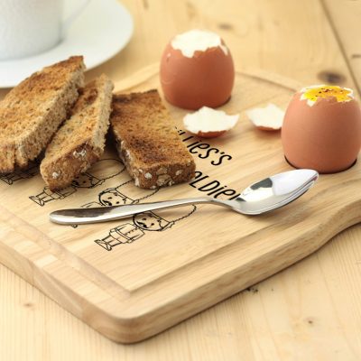 Wooden Loaf Egg Board with soldiers personalised with eggs and toast