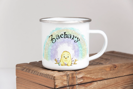 CHildrens watercolour easter camp mug with colourful chick. personalised
