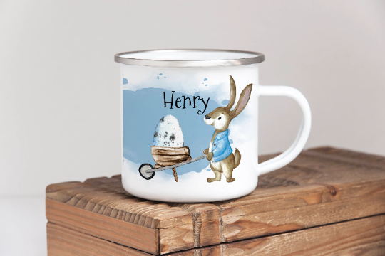 Easter Camp Mug with bunny blue scene theme. Ideal easter gift for children. Peter rabbit. Personalised