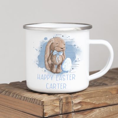 Easter Camp Mug with bunny in blue theme. Ideal easter gift for children. Peter rabbit. Personalised