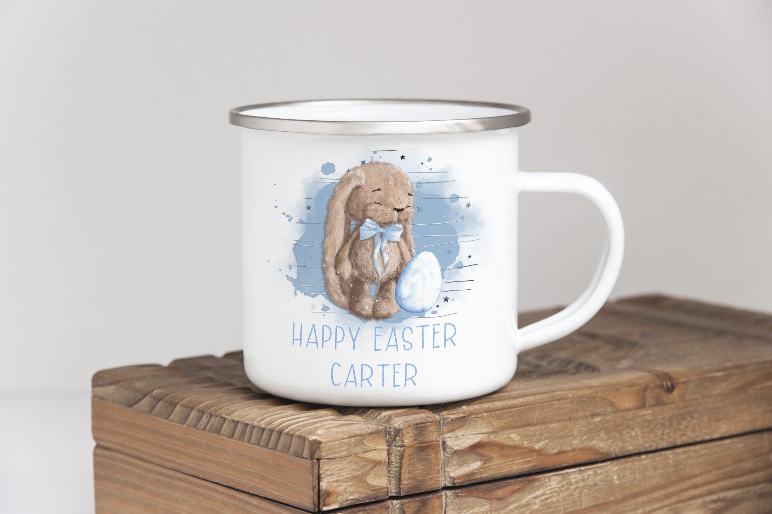 Easter Camp Mug with bunny in blue theme. Ideal easter gift for children. Peter rabbit. Personalised