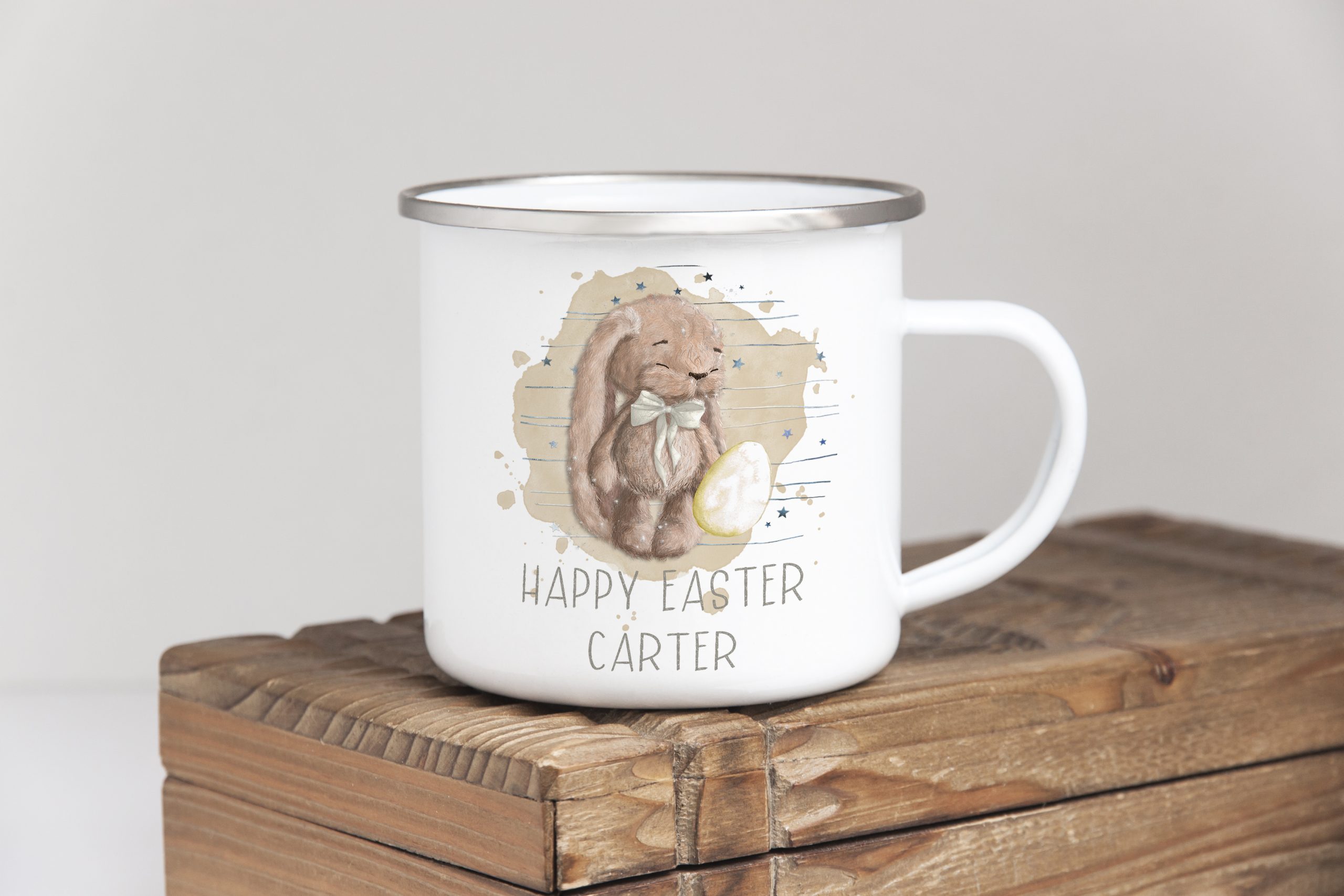 Easter Camp Mug with bunny in cream theme. Ideal easter gift for children. Peter rabbit. Personalised