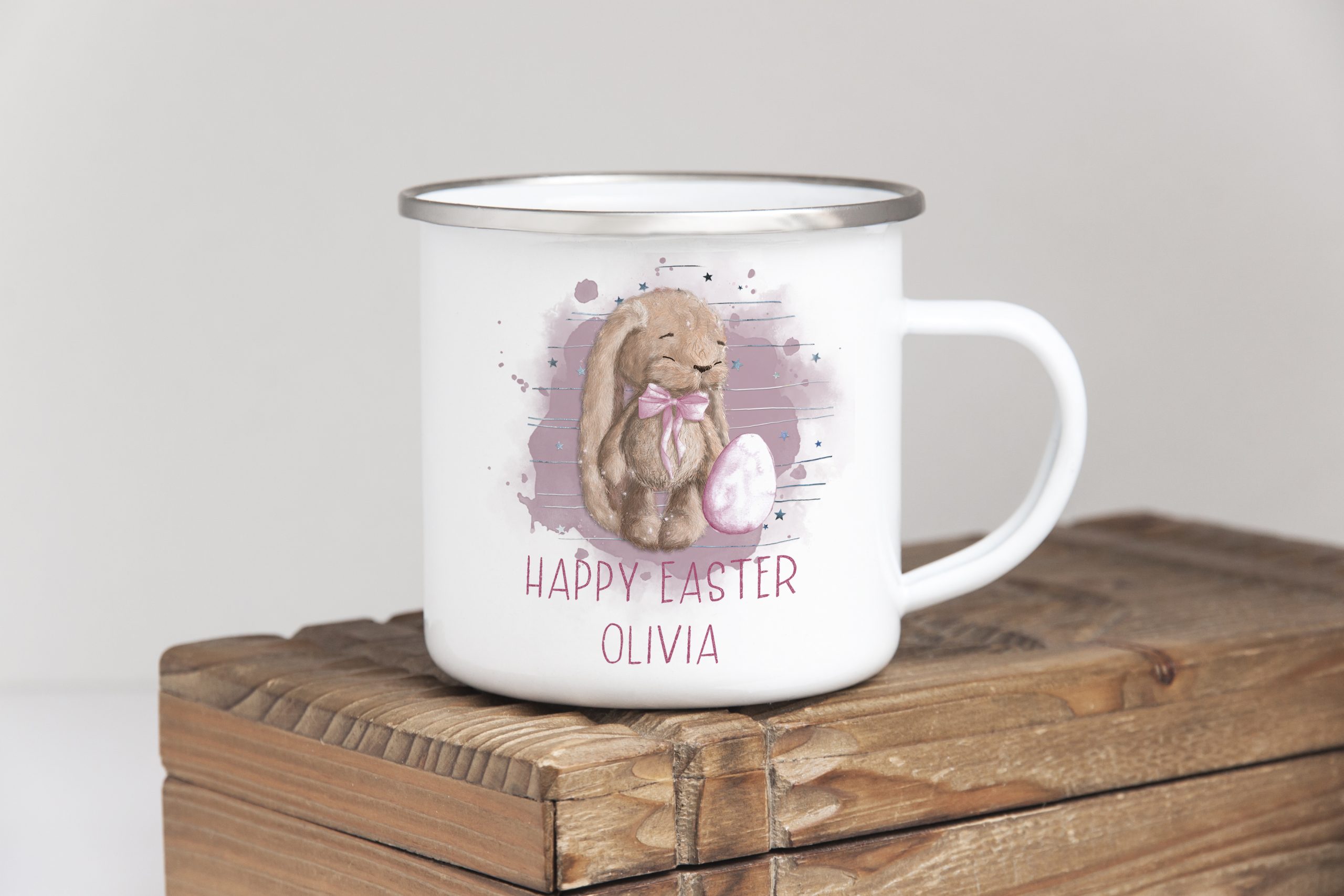 Easter Camp Mug with bunny in pink theme. Ideal easter gift for children. Peter rabbit. Personalised