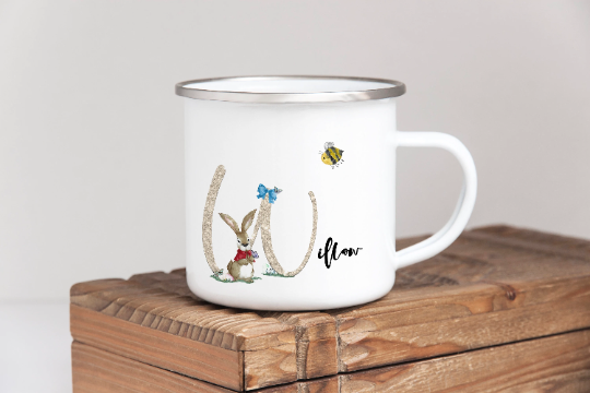 Easter Camp Mug with rabbit inital deal easter gift for children. Peter rabbit. Personalised