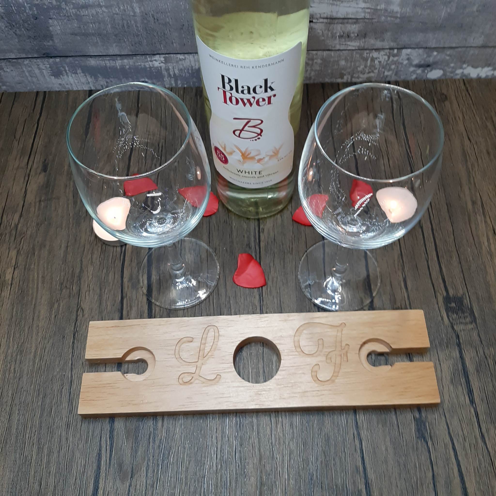 Wooden Wine GLass Holder great for anniversaries show cnc engraved initials laid out in front of glasses
