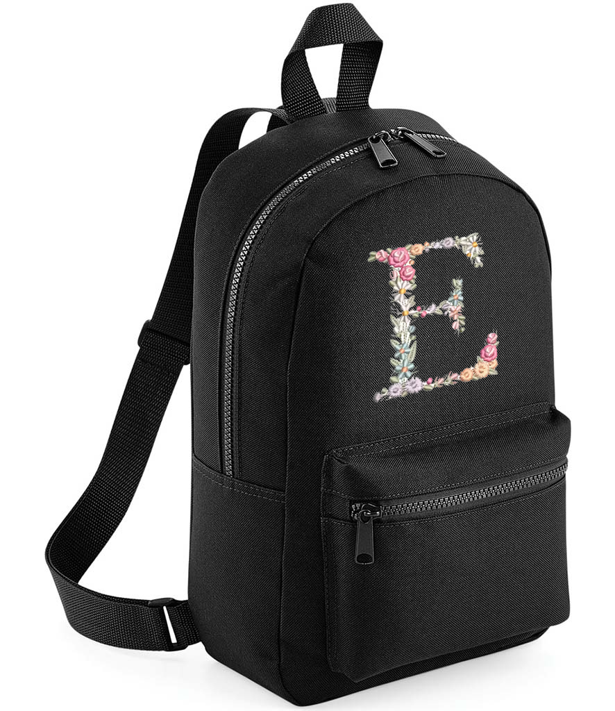 Backpack With Embroidered Initial black with floral initial