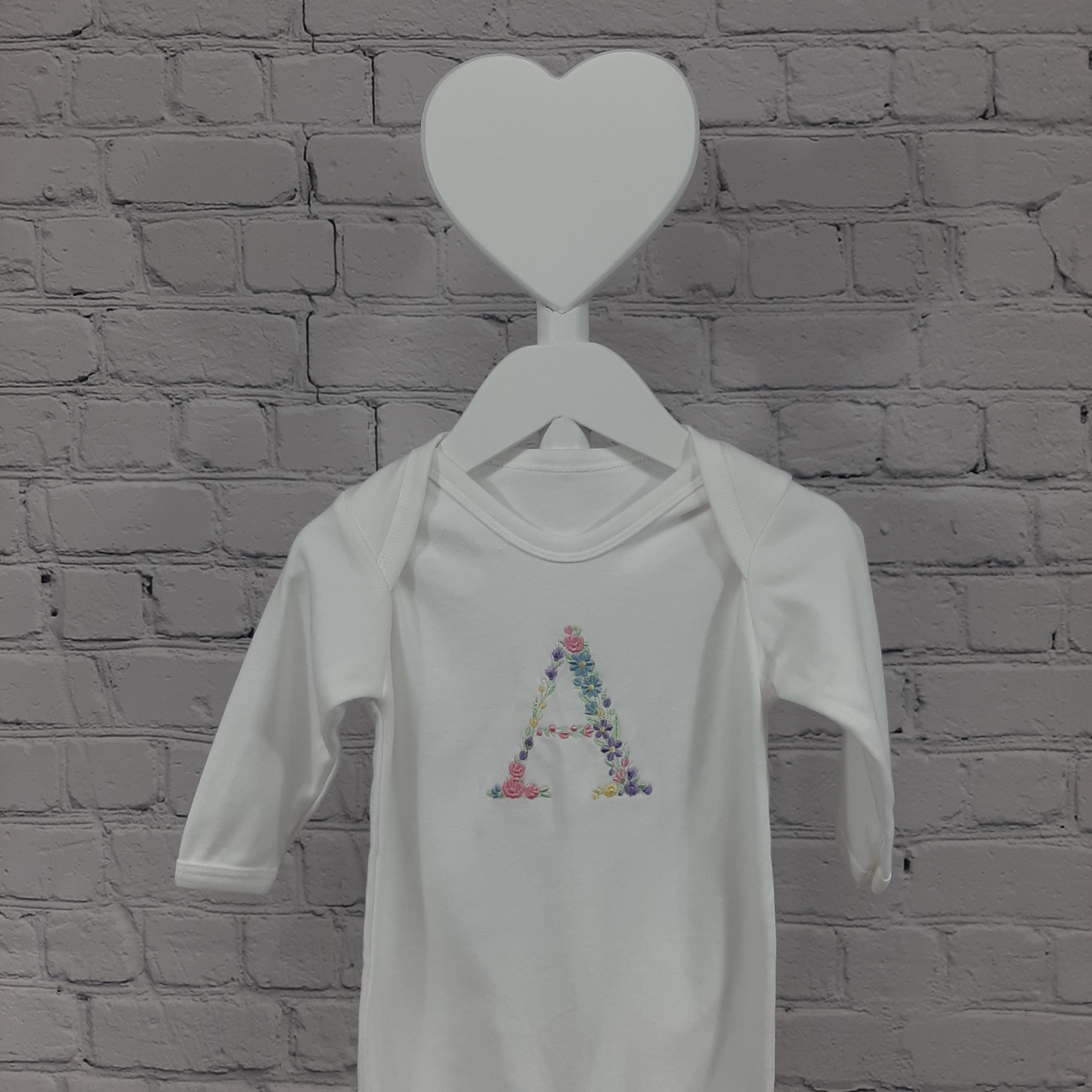 Baby Sleepsuit -Floral Initials letter A in pastel embroidery personalisation