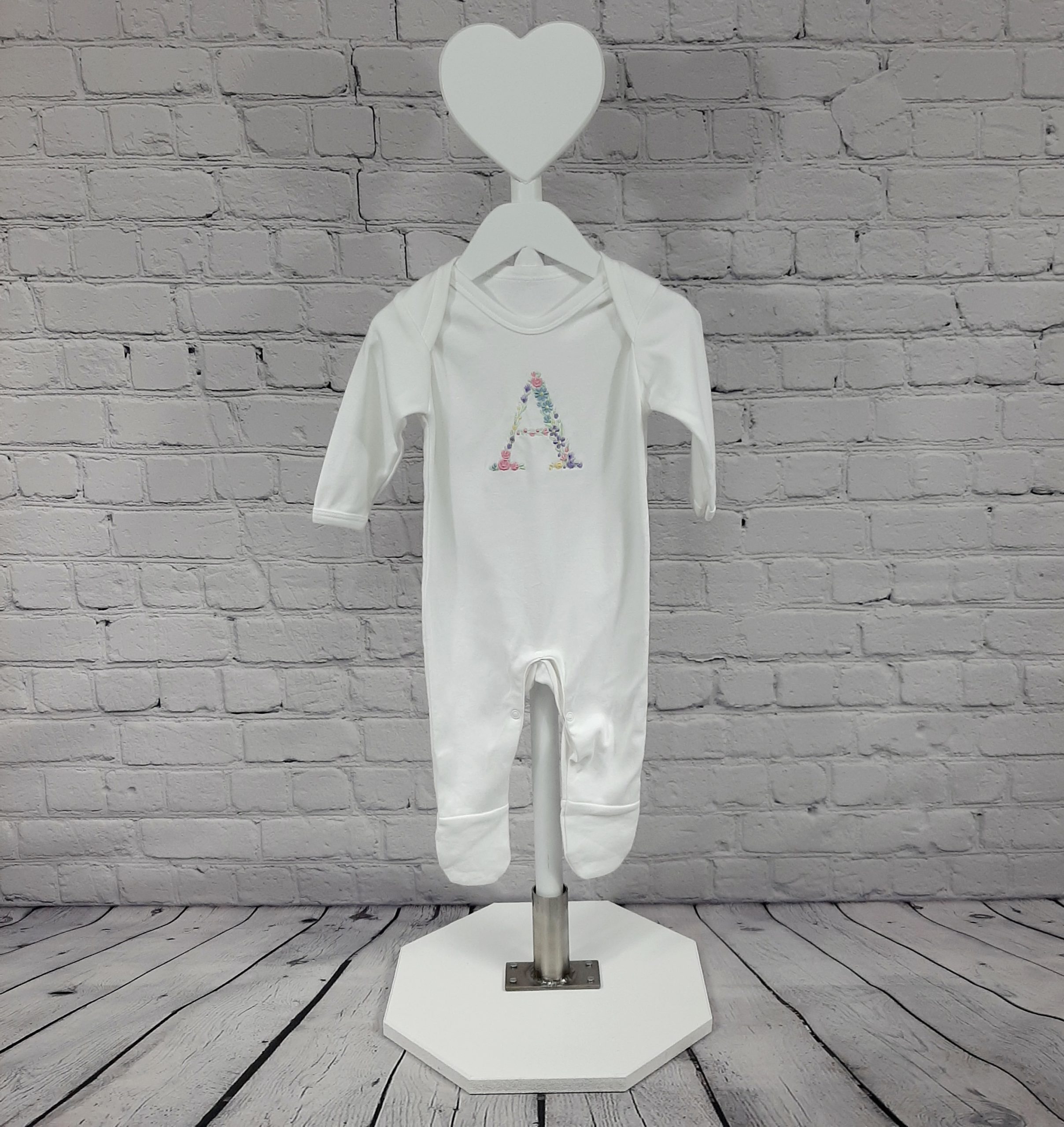 Baby Sleepsuit -Floral Initials letter A in pastel embroidery personalisation