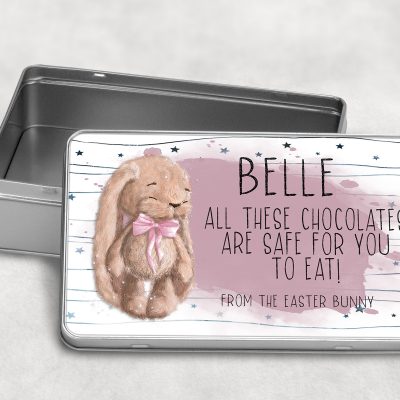 Metal Easter Tin with pink design and fluffy easter bunny dairy free allergy safe easter egg alternative