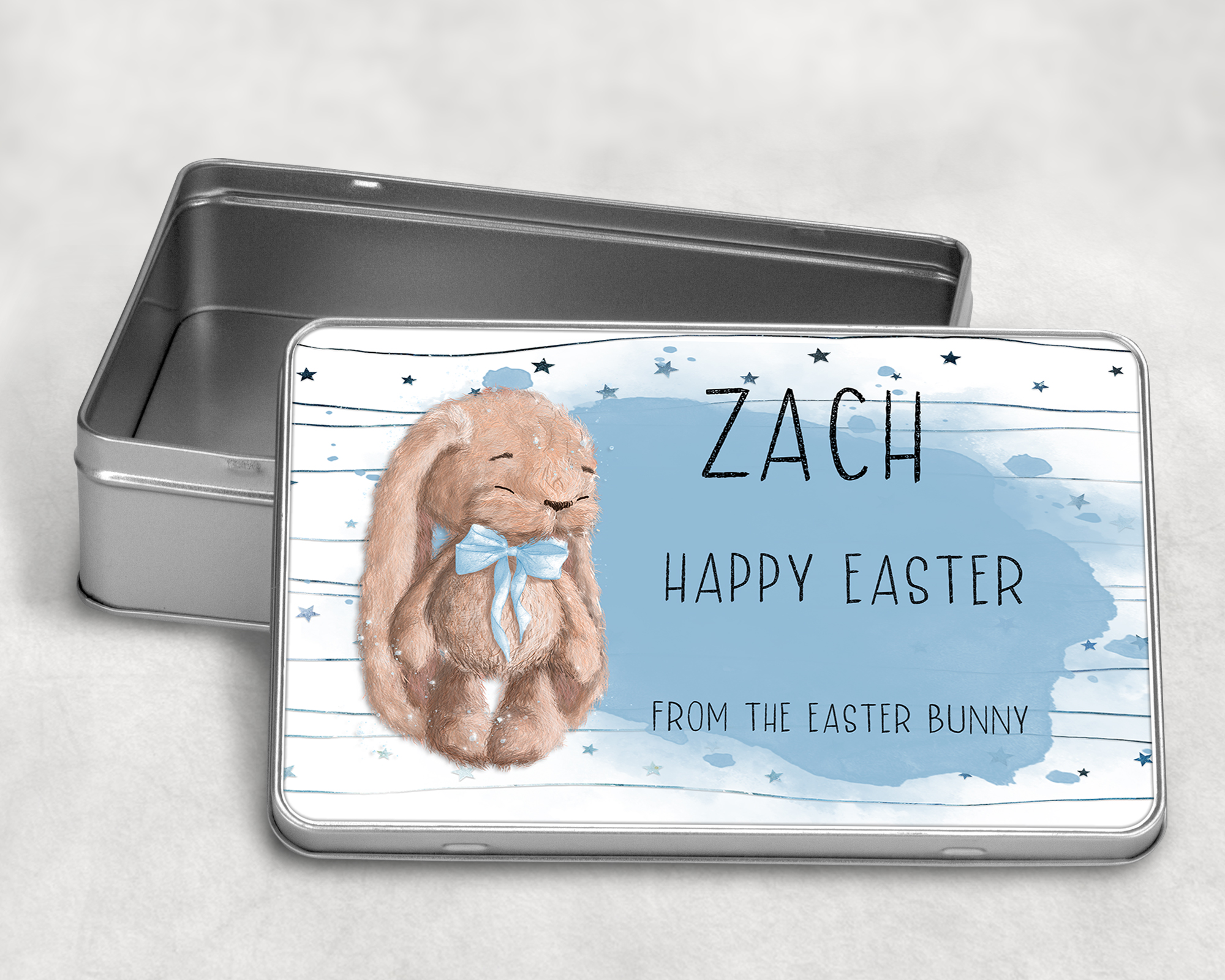 Metal Easter Tin in blue with fluffy bunny fill with treats