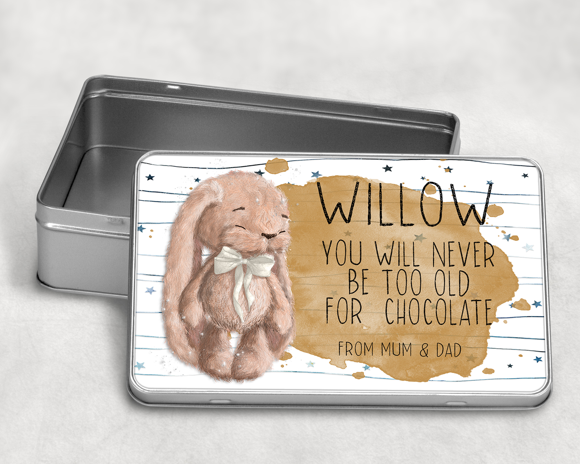Metal Easter Tin with gold design and fluffy bunny with never too old for chocolate quote