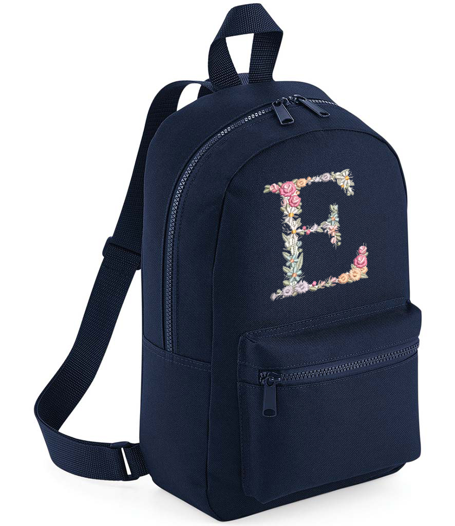 Backpack With Embroidered Initial navy with floral initial