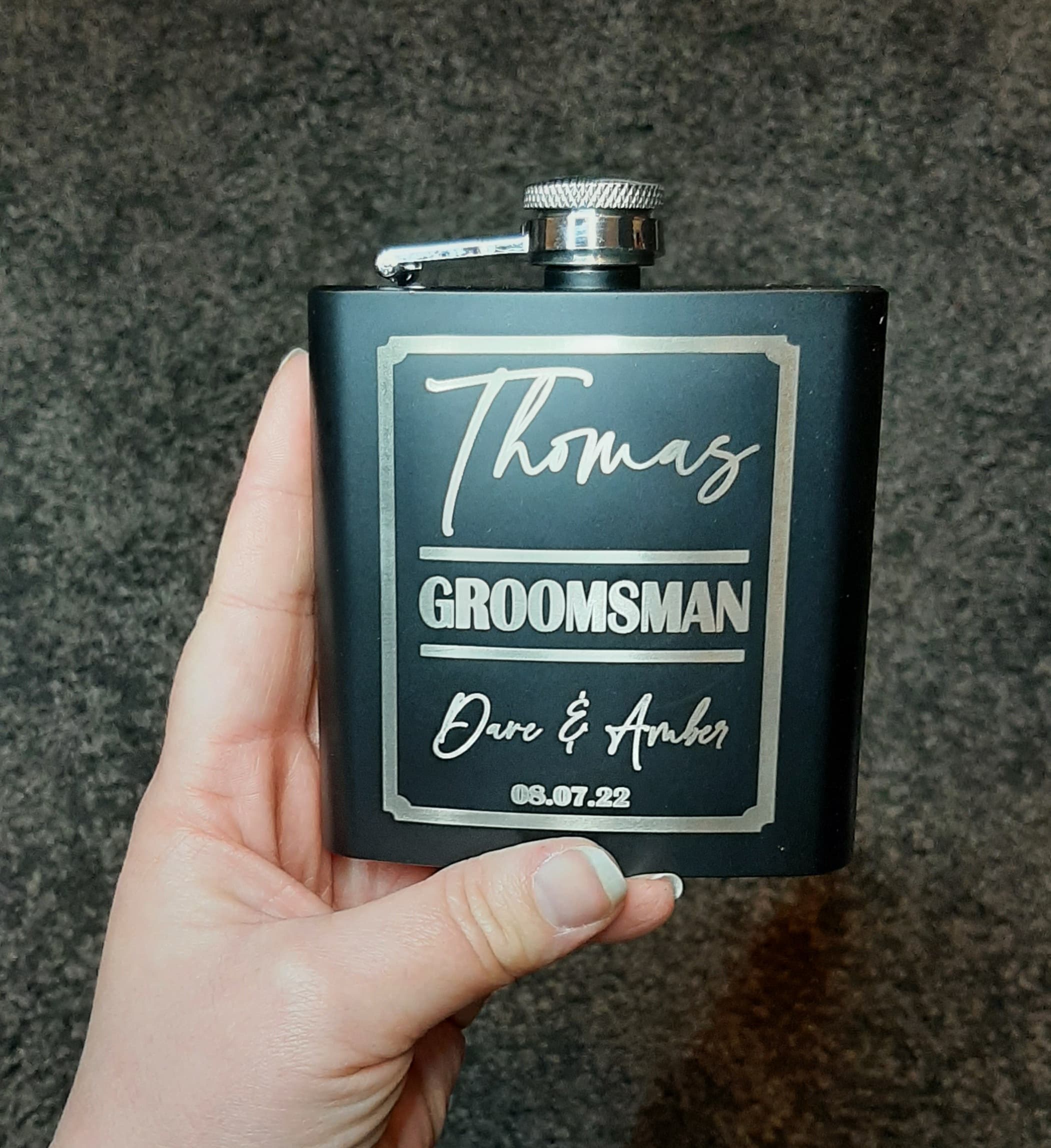 Wedding hip flask set in hand with groomsman personalisation