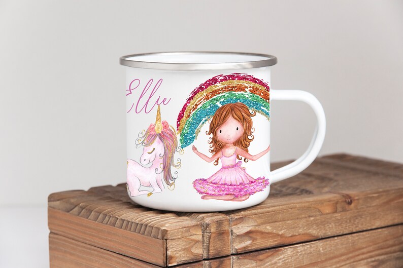 Children's Tin Camping Mug in rainbow girl design great for any girl, dancer birthday gift