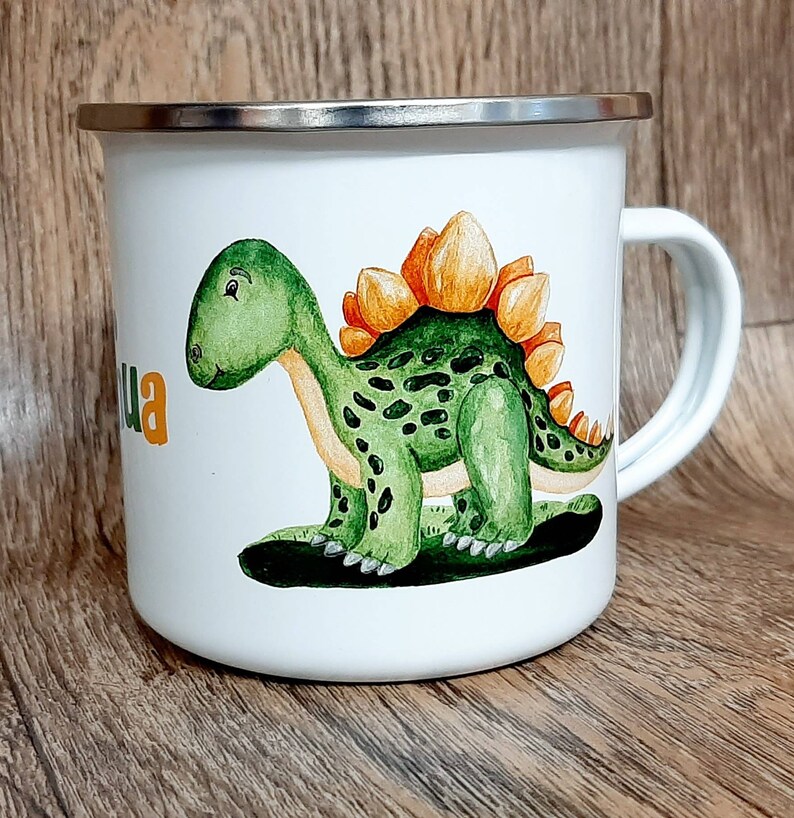 Children's Tin Camping Mug in watercolour dinosaur design