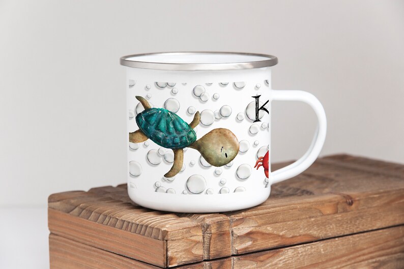 Children's Tin Camping Mug with under the sea creatures turtle fish bubbles