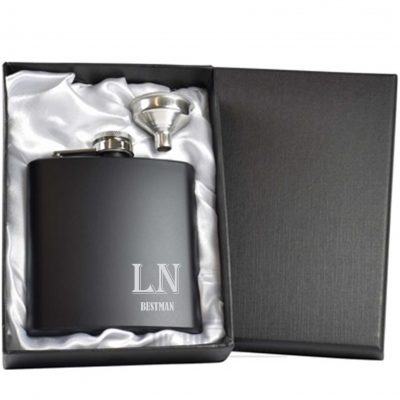 black hip flask personalised with initials in black gift box Hip Flask Gift Sets
