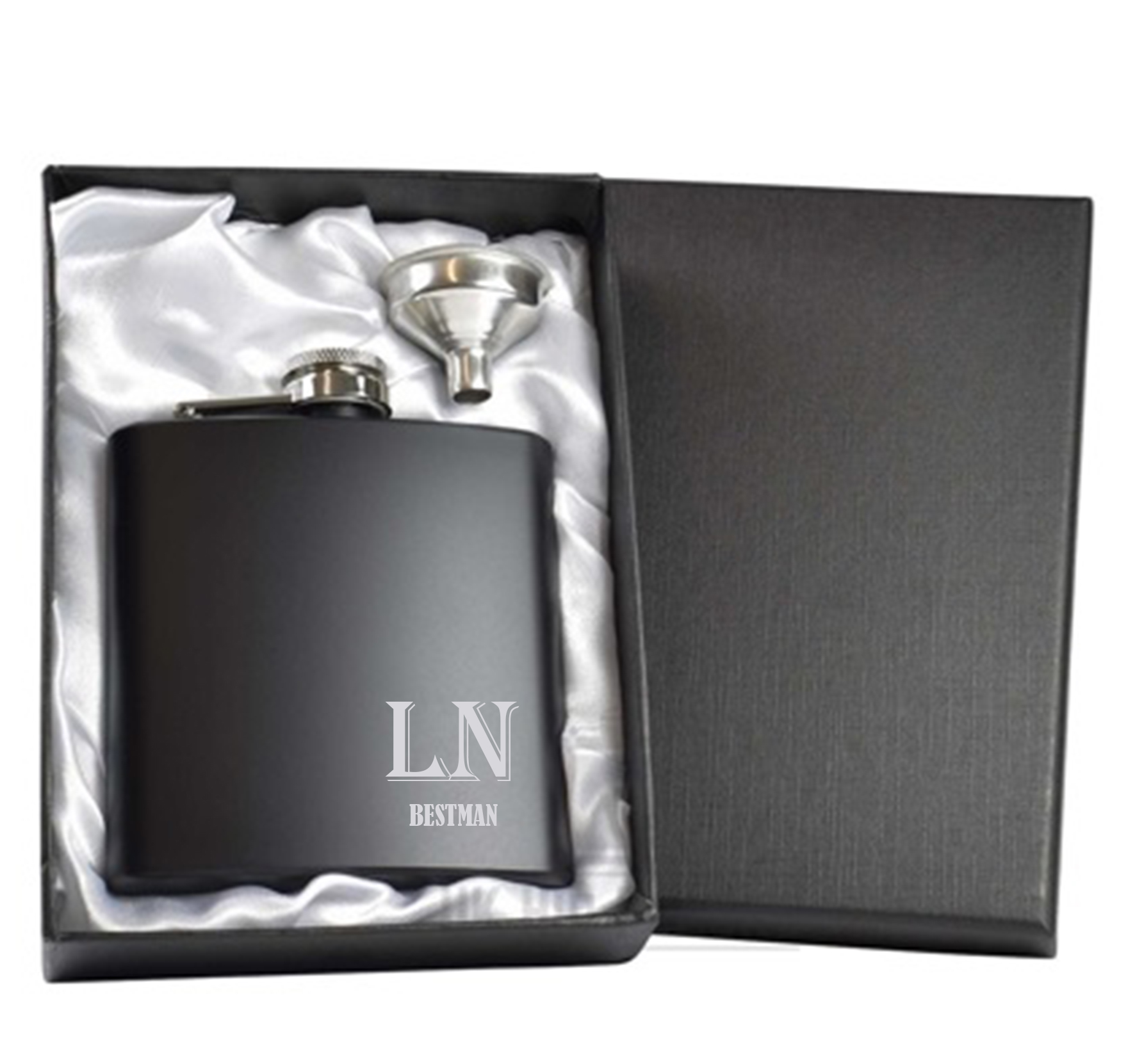 black hip flask personalised with initials in black gift box Hip Flask Gift Sets