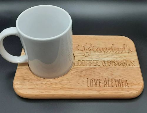 Cnc Engraved Mug Board with engraved grandad coffee and biscuits personalisation