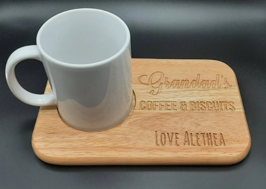 Cnc Engraved Mug Board with engraved grandad coffee and biscuits personalisation