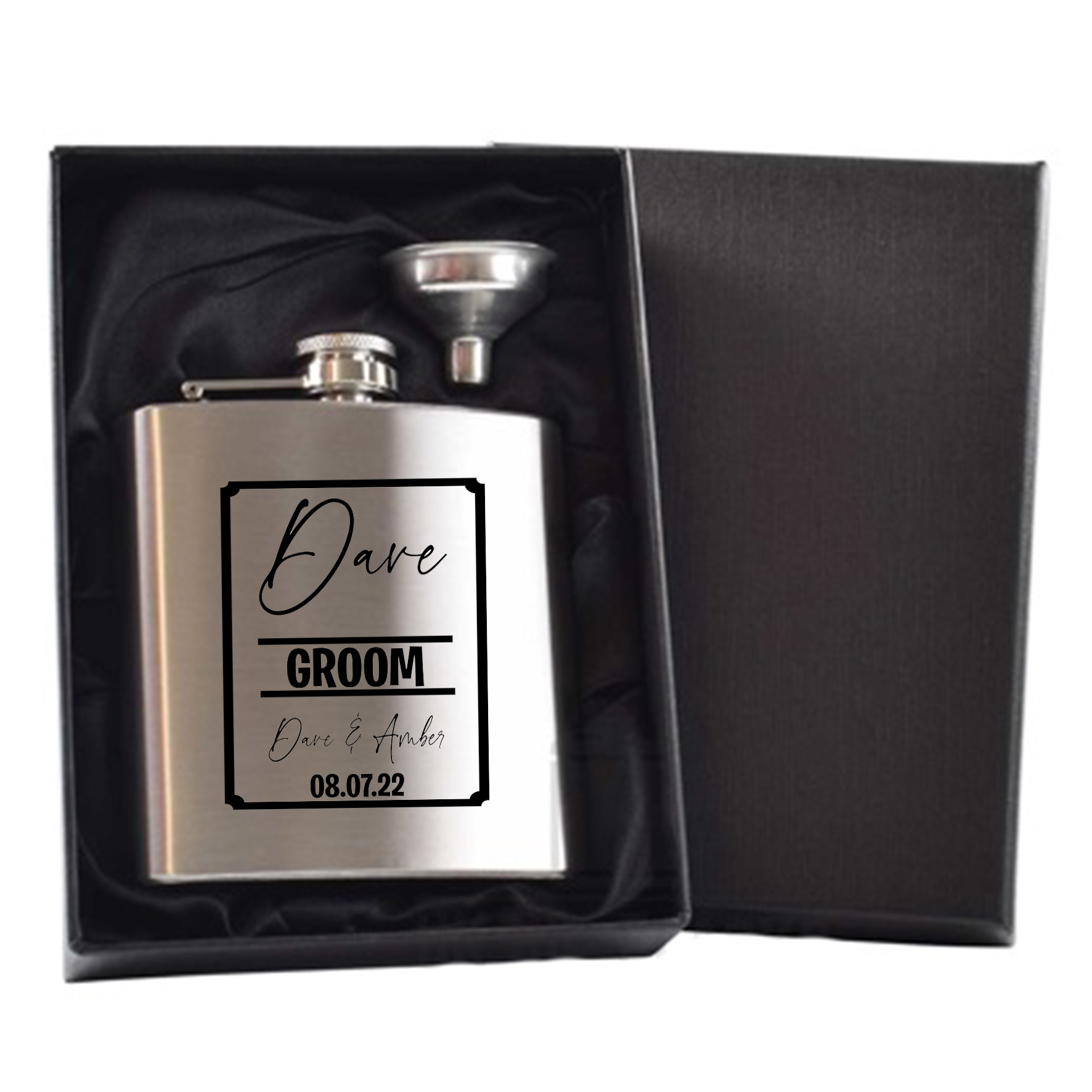 silver whip flask in black gift box set personalised with wedding design Hip Flask Gift Sets