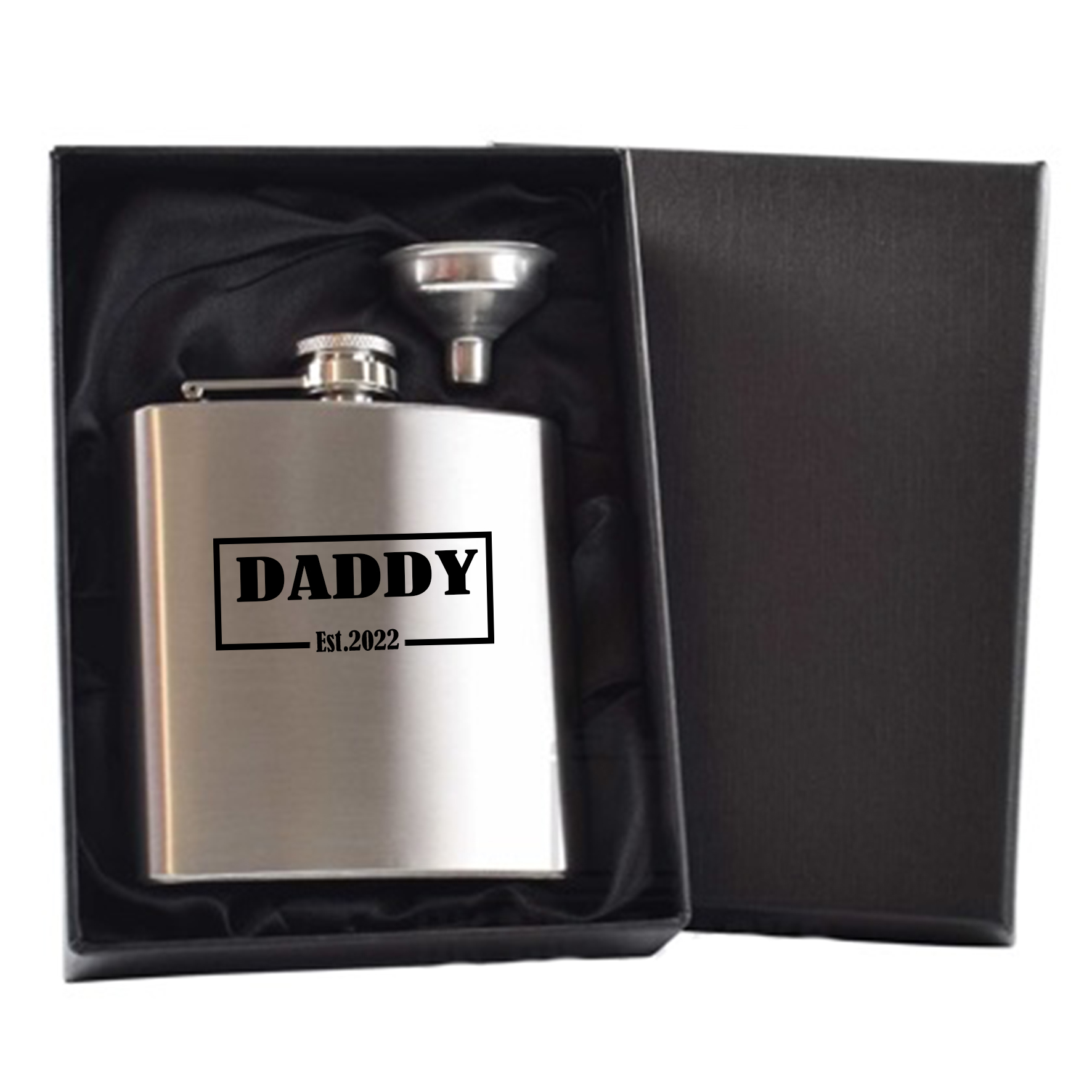 Silver hip flask in black gift box personalised with Daddy est design Hip Flask Gift Sets
