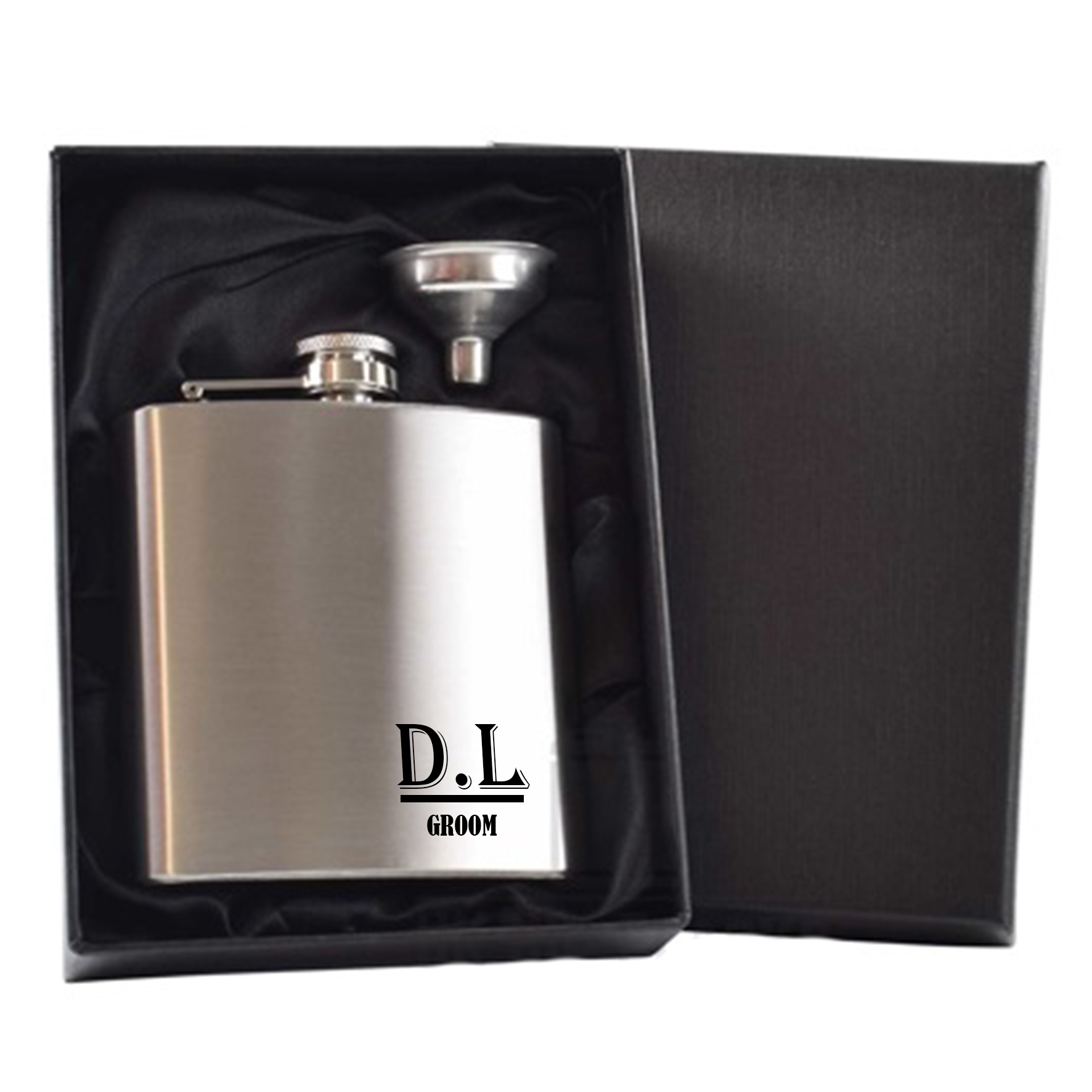 silver hip flask in black gift box set personalised with initials Hip Flask Gift Sets