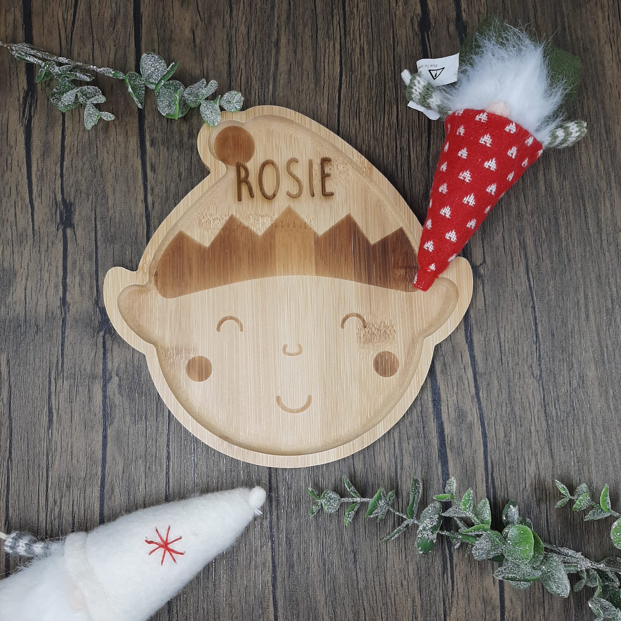 wooden bamboo first christmas dinner plate elf face with engraved personalised name Christmas Bamboo Plates & Spoons