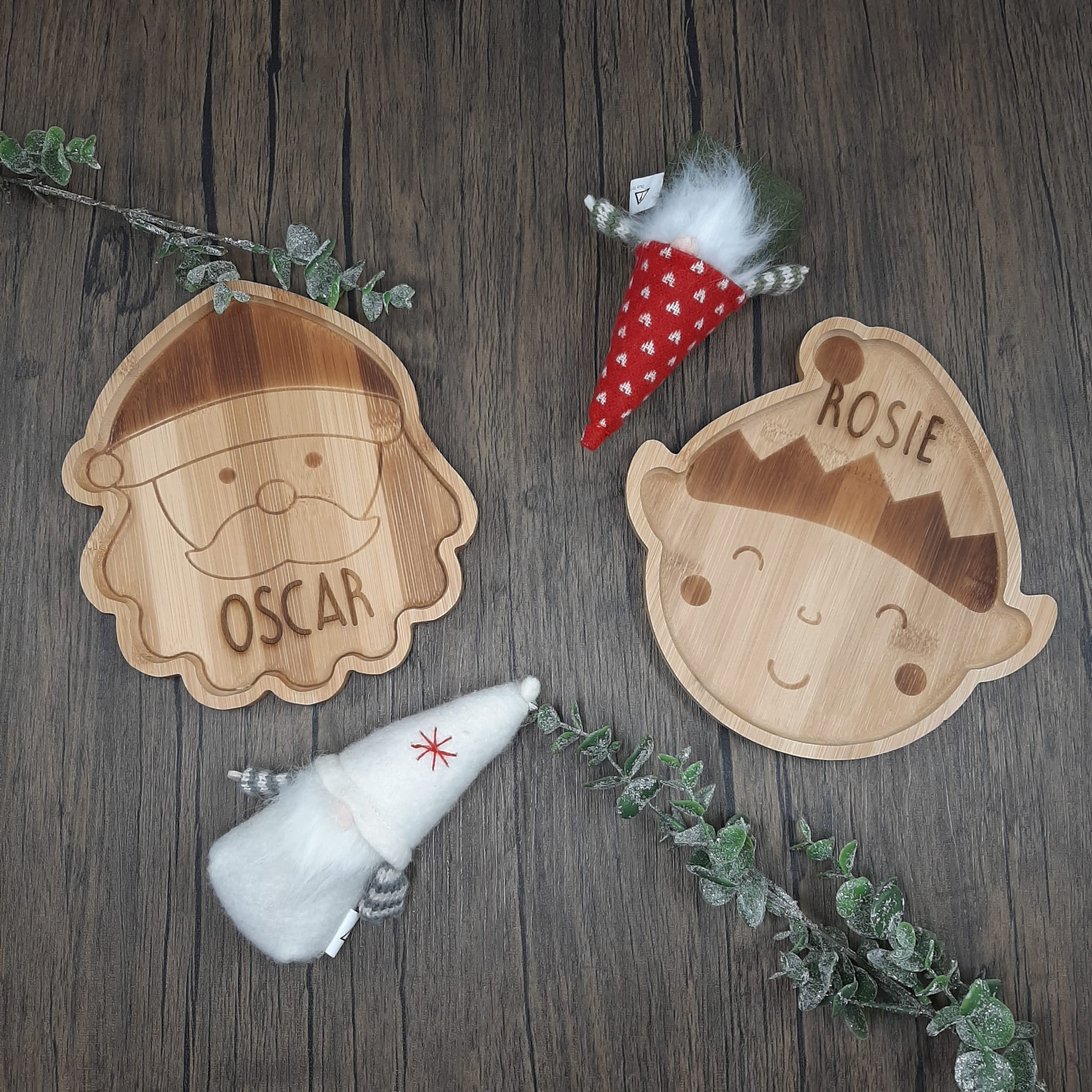 wooden bamboo first christmas dinner plate santa face father christmas and elf face with engraved names Christmas Bamboo Plates & Spoons