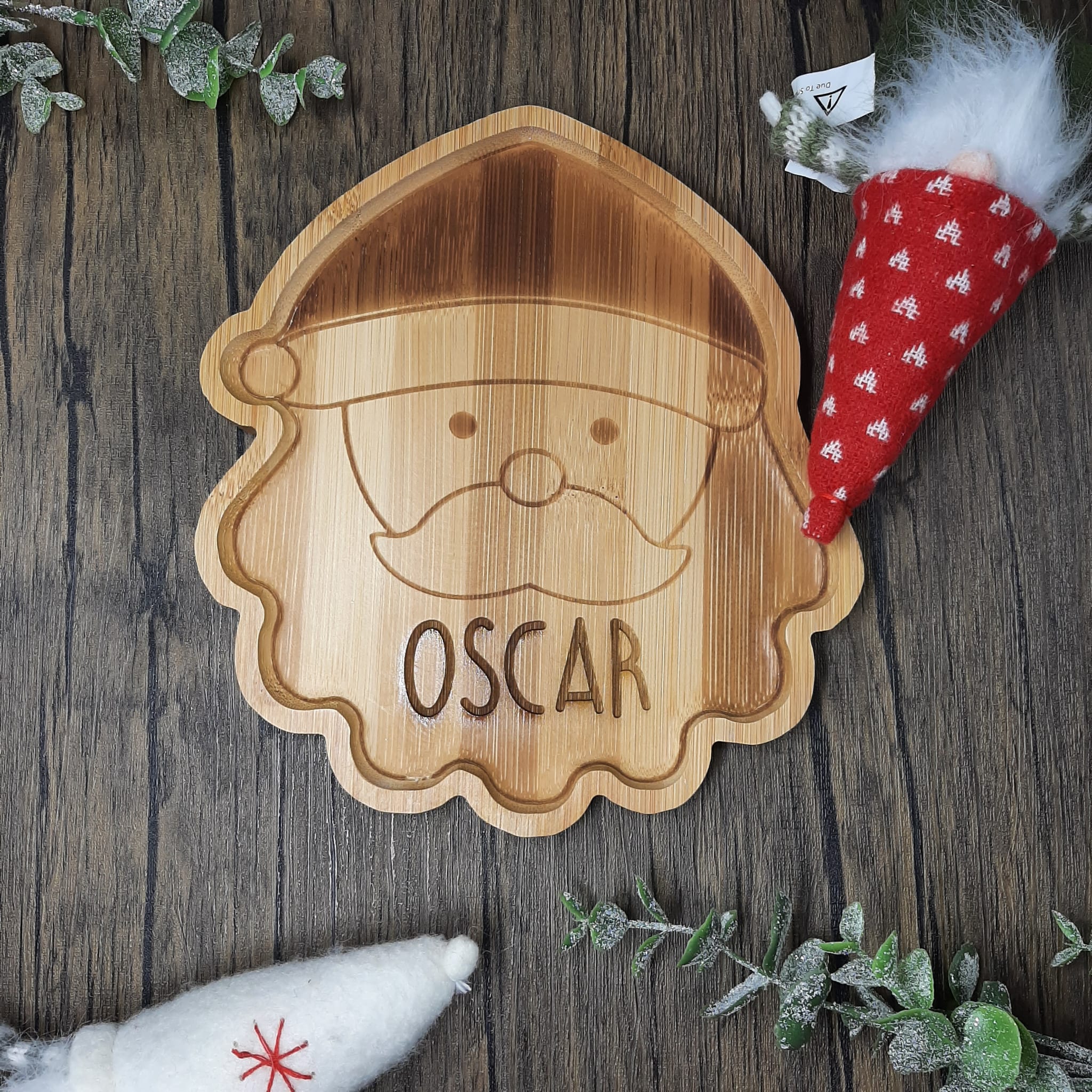 wooden bamboo first christmas dinner plate santa face father christmas with engraved name Christmas Bamboo Plates & Spoons