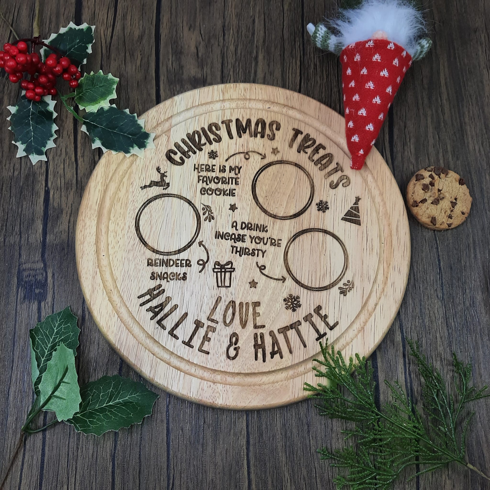 wooden santa treat board, engraved personalisation, luxury item instead of a treat plate. dressed up and empty. has santa and reindeer on