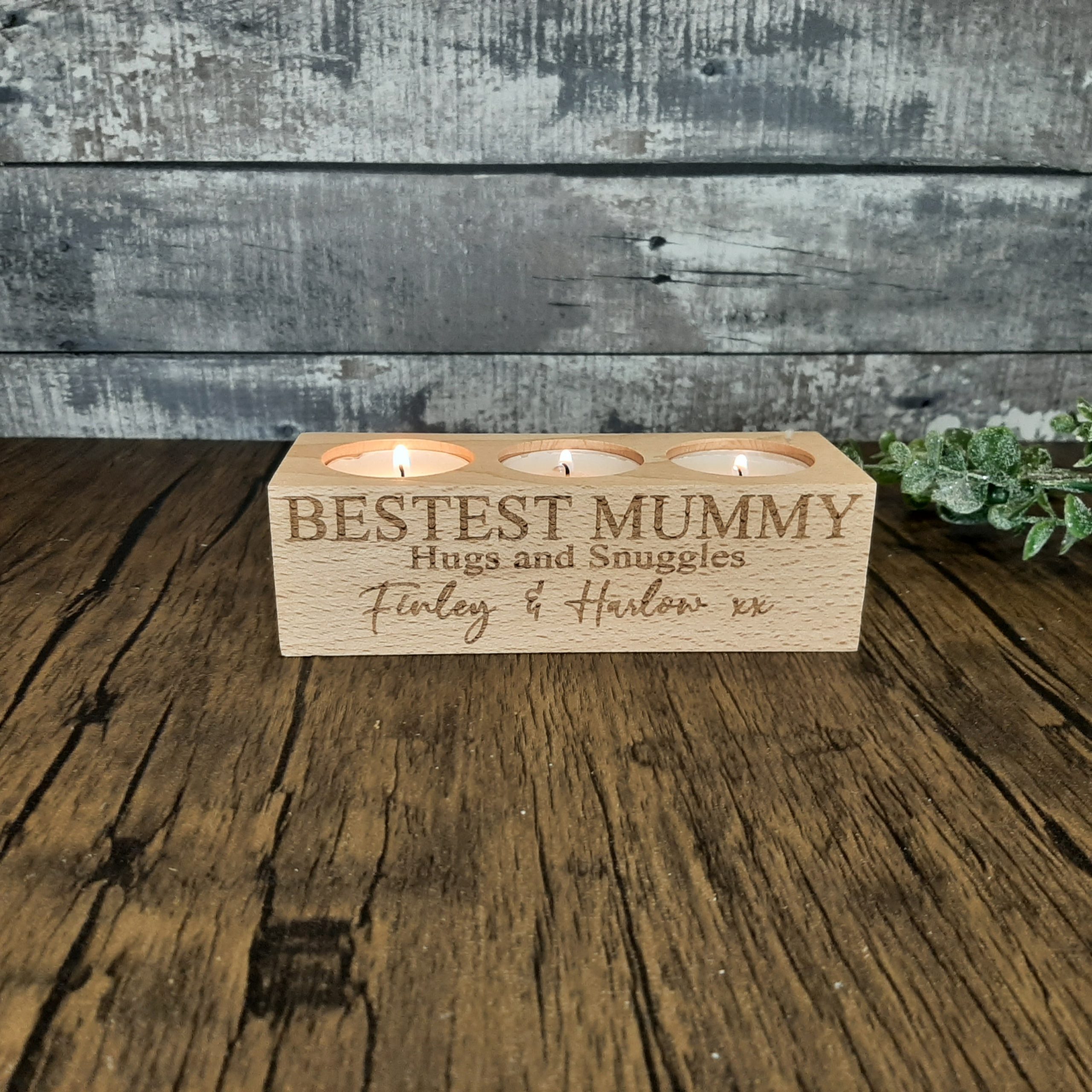 Wooden Tealight Holder with bestest mummy engraved and personal message