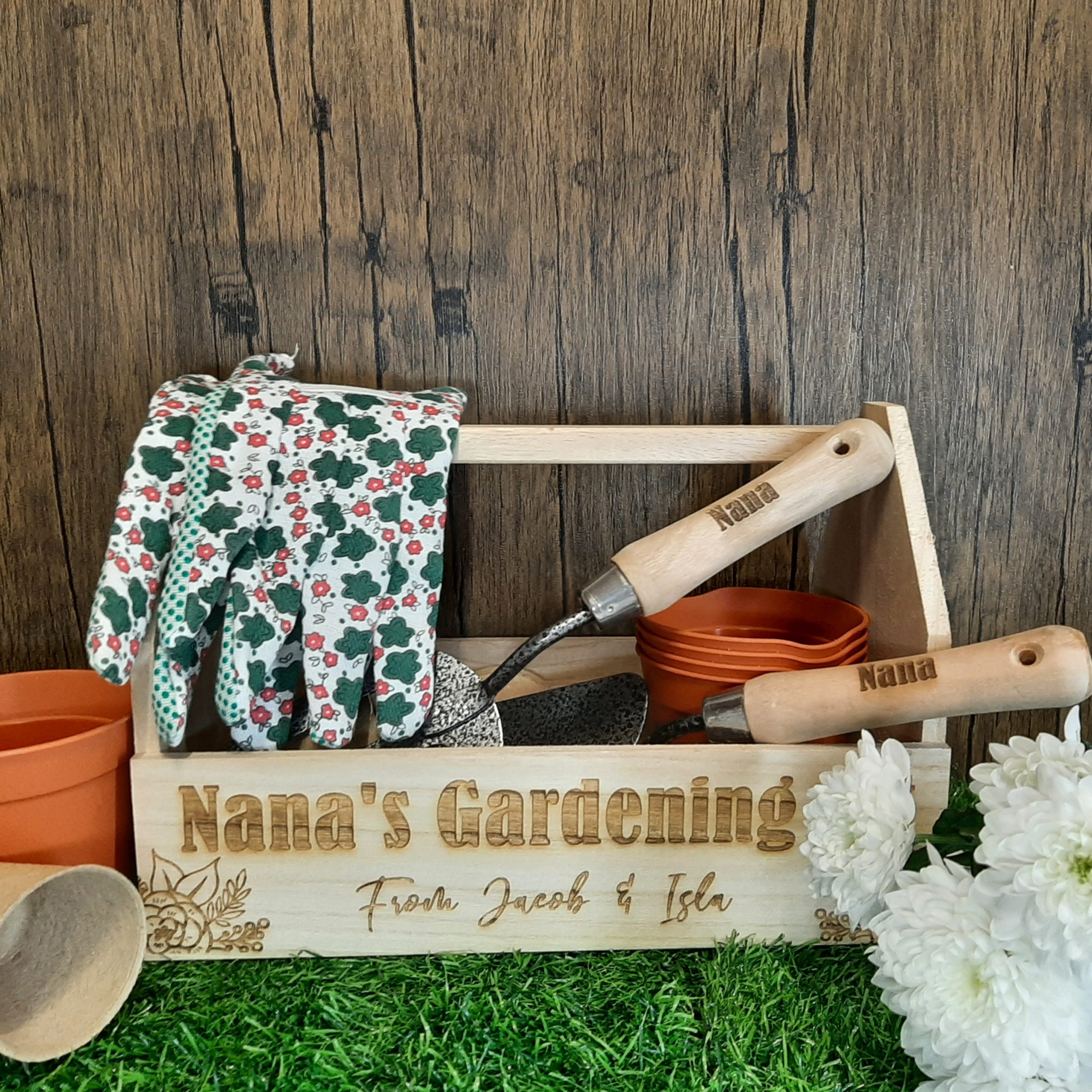 Gardening Kit with Gardening kit and personal message engraved on the box - comes with names on fork and trowel too