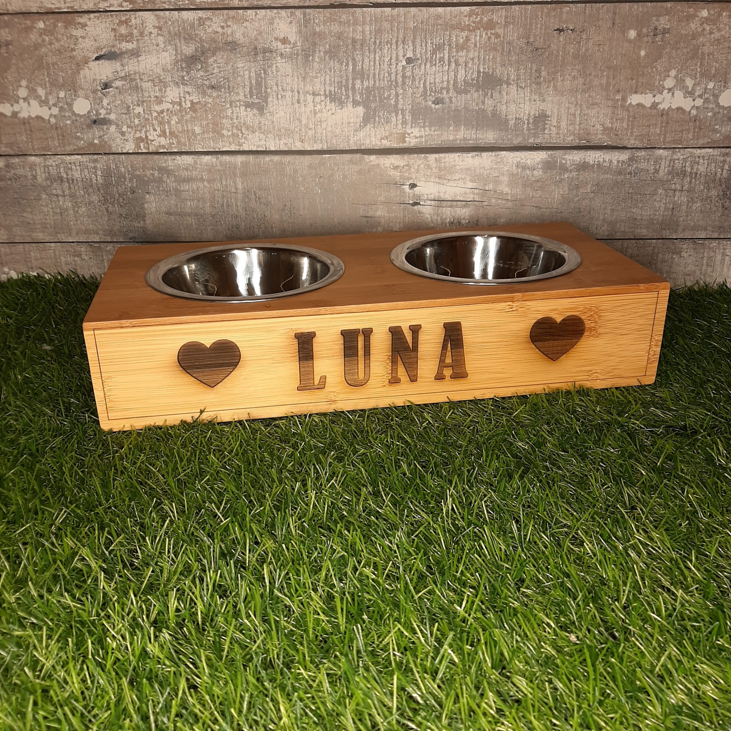Wooden Pet Bowl Riser with heart and name personalised engraved.