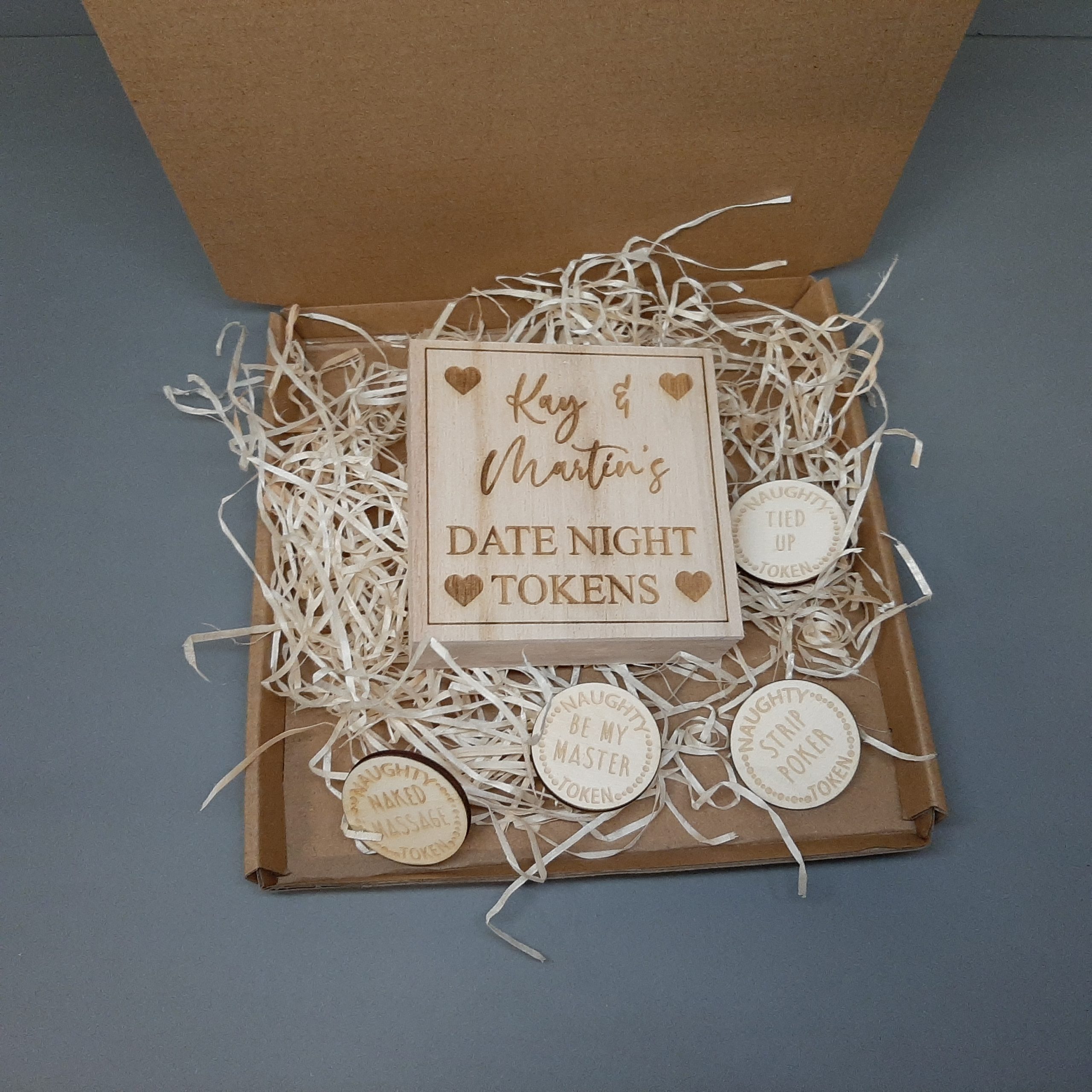 RUDE Date Night Sex Tokens in Box Wooden date night rude sex tokens in wooden personalised box with 10 round sex tokens .