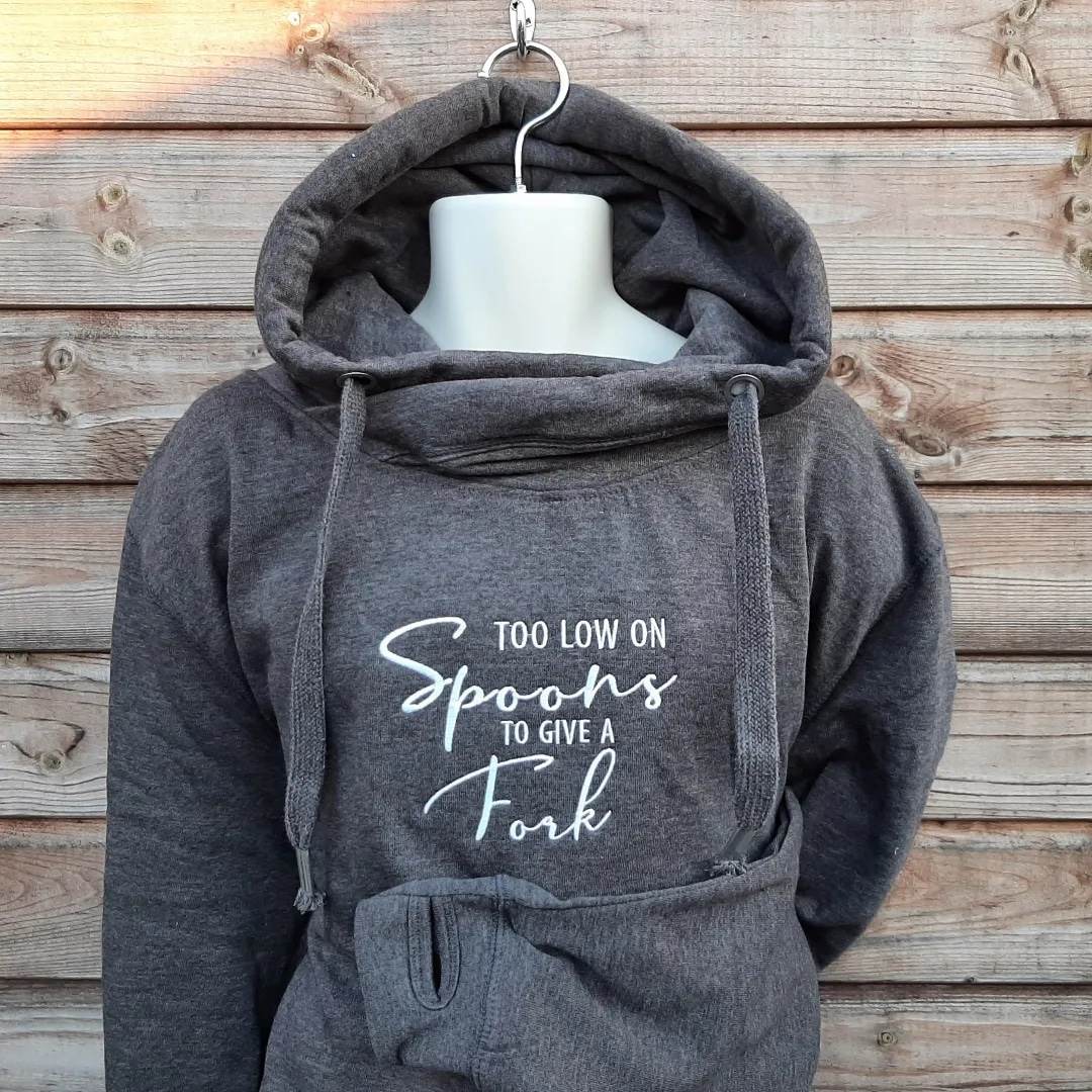 Crossover Neck Hoodie with Too Low On Spoons Design