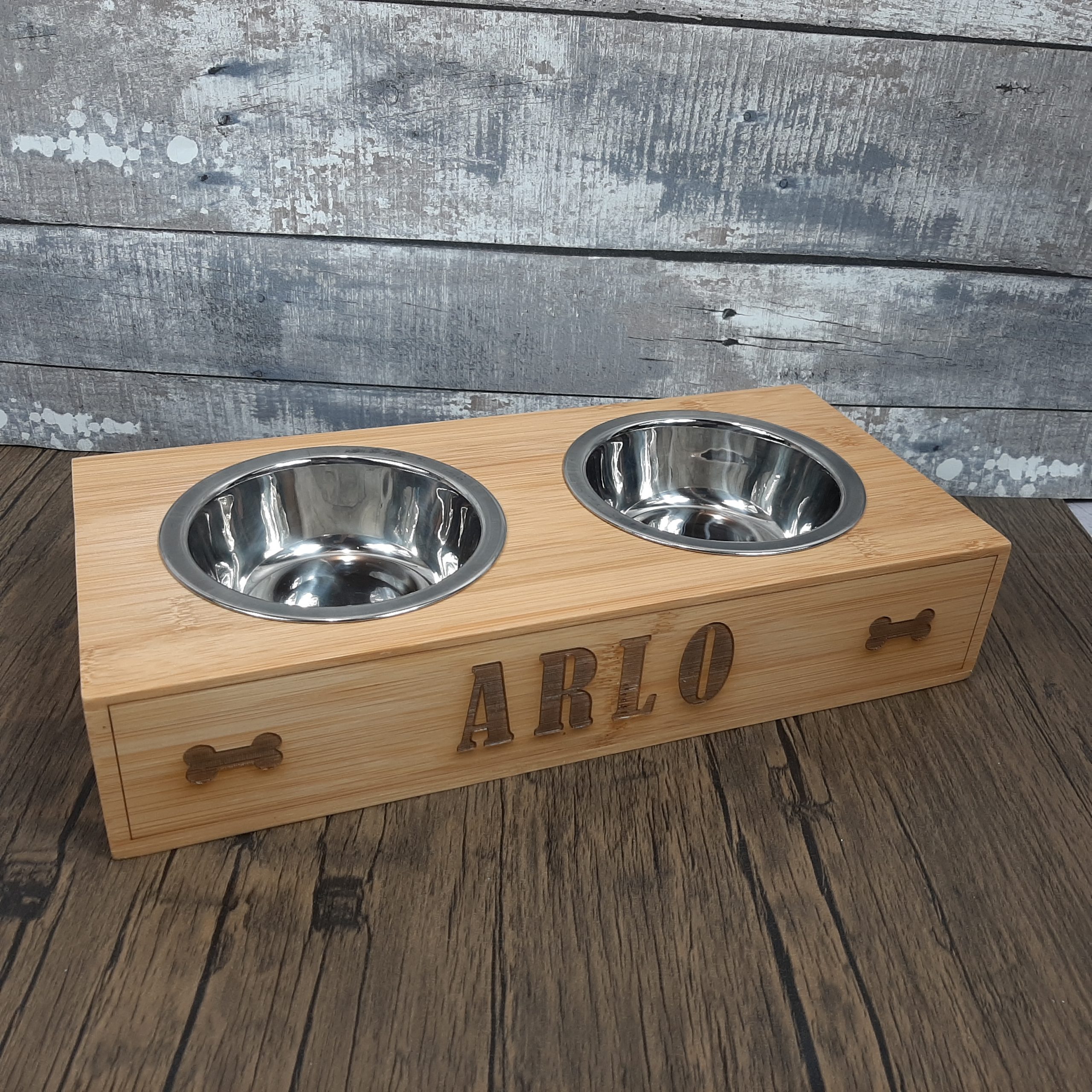 Wooden Pet Bowl Riser with bone engraved personalisation