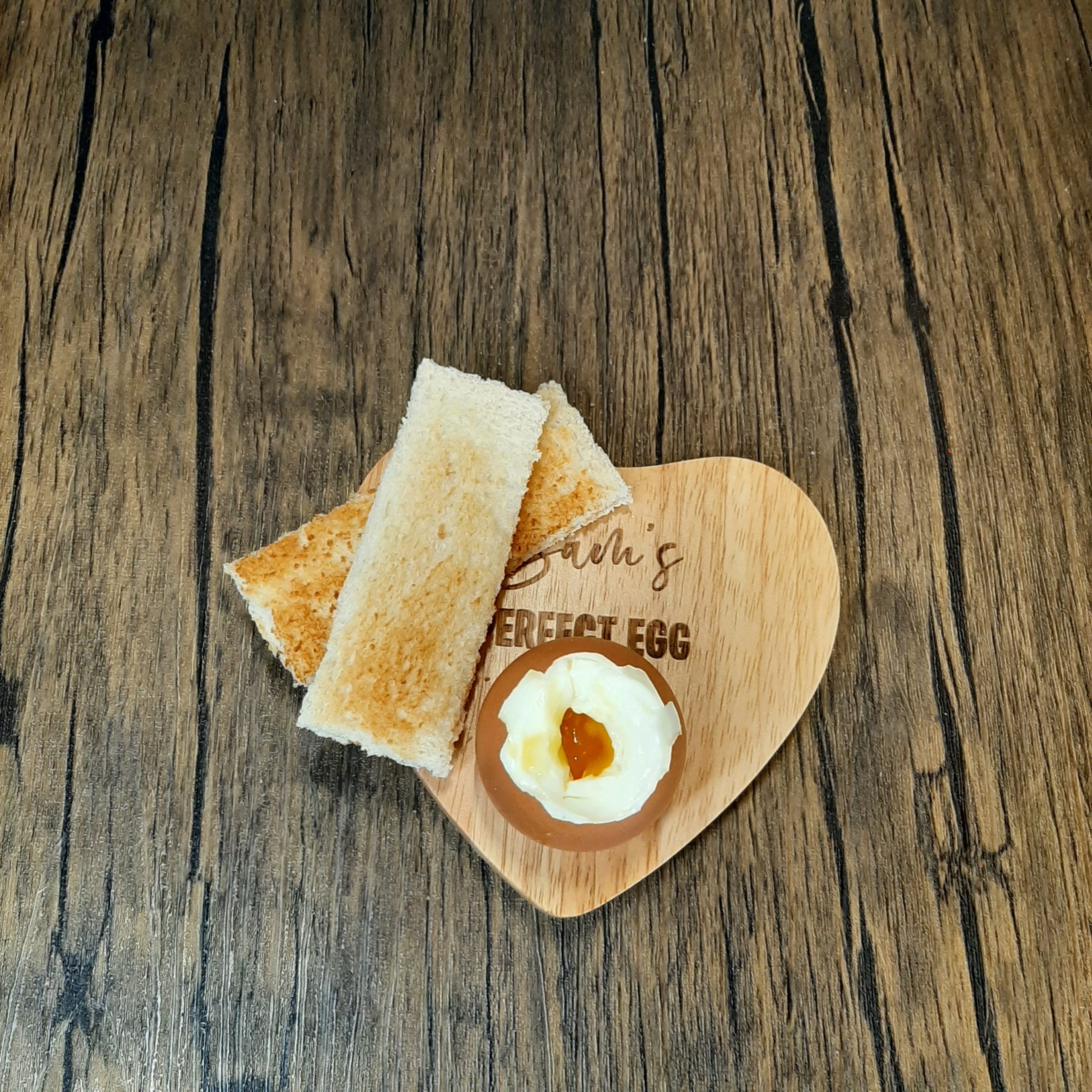 Wooden Heart Egg Board with dippy egg and toast engraved personalised name