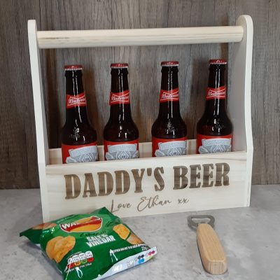 wooden-beer bottle carrier -with-daddys-beer-with-crisps-and-bottle-opener