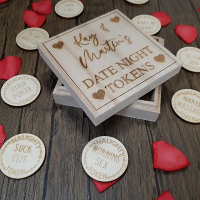 RUDE Date Night Sex Tokens in Box with engraved personalised name zoomed on sext poker chip tokens with rose petals for valentines