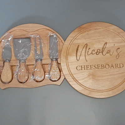 Cheese board knife set opened to display cheese knives. engraved personalisation