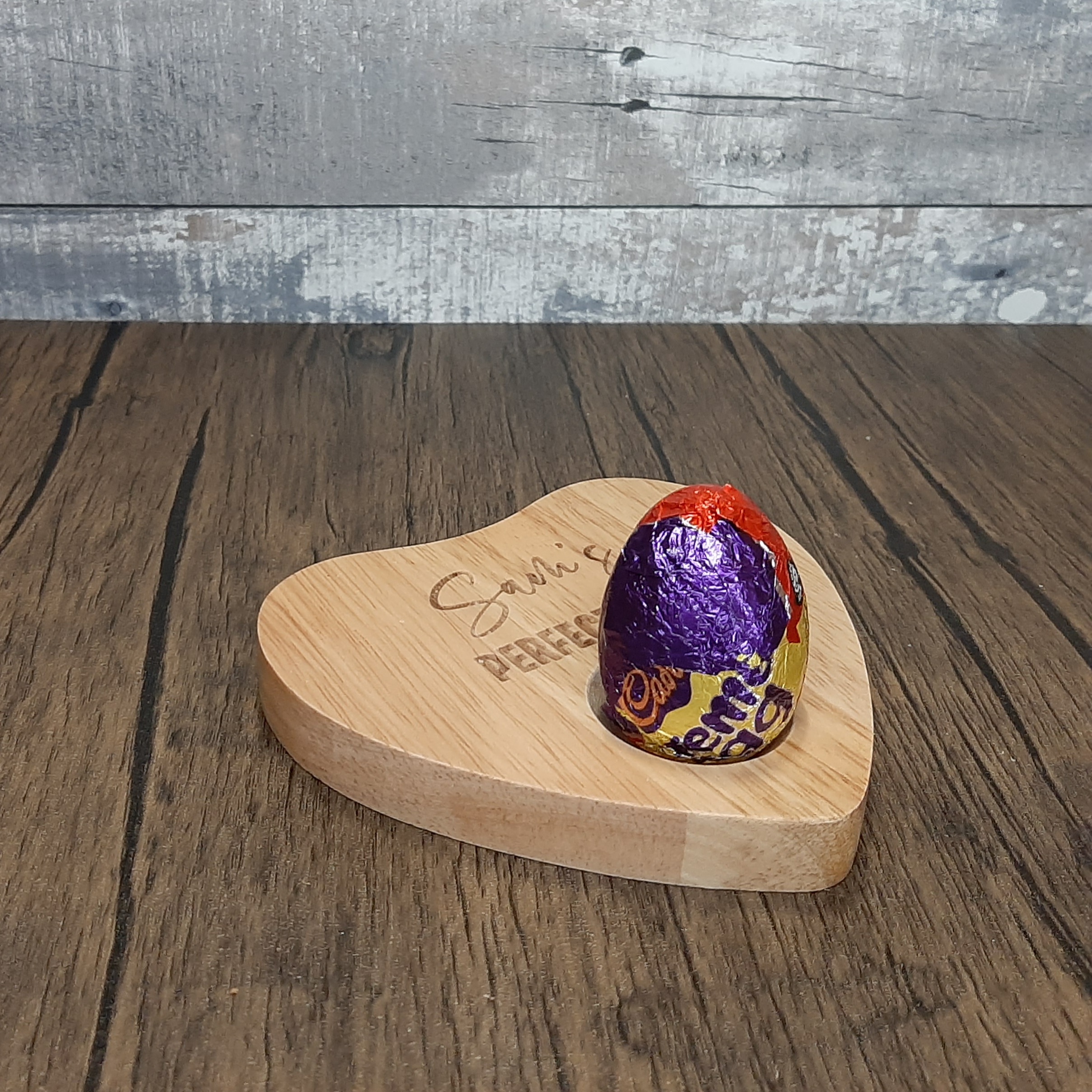 Wooden Heart Egg Board side view with creme egg and engraved perosnlisation